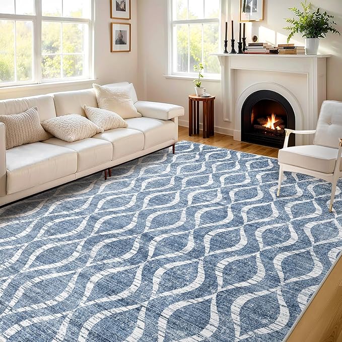 WITSHOCK 9x12 Area Rugs: Washable Non-Slip Soft Geometric Boho Print Pattern Large Thin Indoor Rug for Living Room Bedroom Dining Room, Carpet for Nursery Playroom Decor, Kid & Pet Friendly, Blue