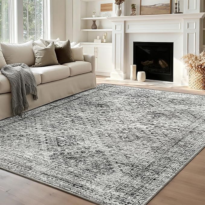 MIULEE 8x10 Vintage Washable Area Rugs Living Room Rug Low Pile Boho Farmhouse Floor Mat for Bedroom Dining Room Under Kitchen Table, Non-Slip Stain Resistant Soft Large Carpet for Home Decor, Grey