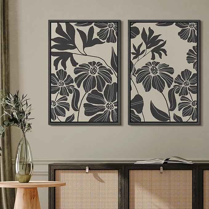 MUDECOR Framed Canvas Print Wall Art Monochrome Floral Botanical Black and White Illustrations Modern Art Decorative Bohemian Colorful Chic for Living Room, Bedroom, Office - 24"x36"x2 Black