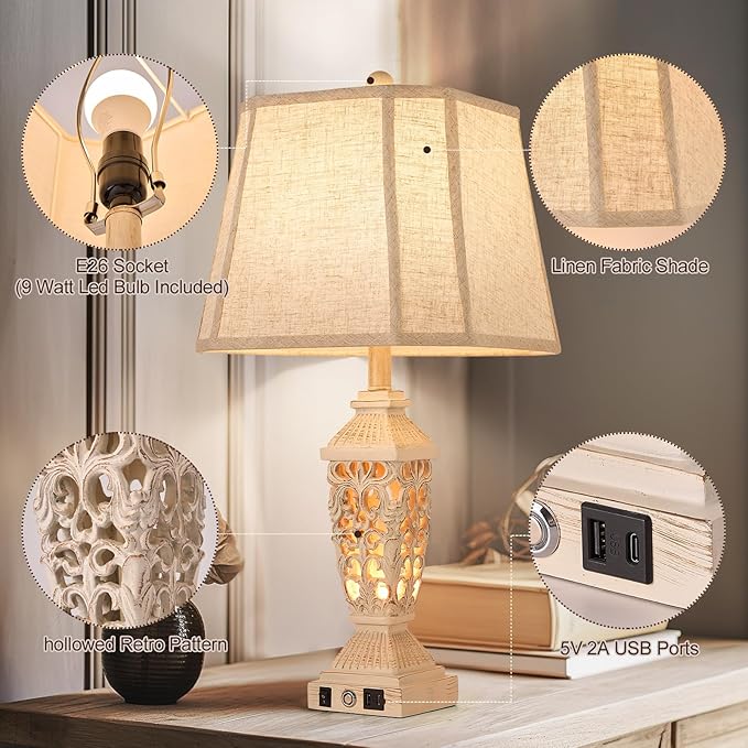 AIDENOEY Farmhouses Table Lamp with USB & USB-C Charging Ports, 3-Color Dimmable & Stepless Bottom Dimming, Touch Control & Switch, Vintage Bedside Lamp for Bedroom Living Room Office,(27.5" high)