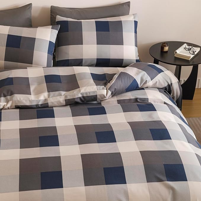 CLOTHKNOW Buffalo Plaid California King Comforter Set 3Pcs Tartan Bedding Comforter Sets Blue Grey Khaki Brown Beige Geometric Comforter Cal King Sets with 2 Pillowcases