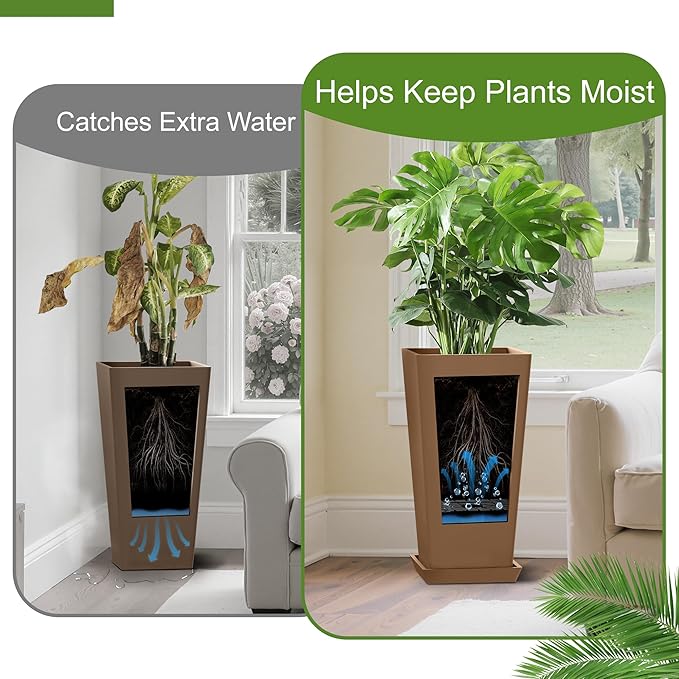 24-Inch Tall Planters Set of 2 for Outdoor and Indoor Use,Tapered Flower Pots with Drainage Tray, Front Porch and Patio Decor,Ideal for Large Plants (Brown)