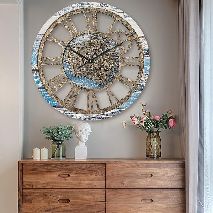HOIBAI Large Wall Clock, Wall Clocks for Living Room Decor 20 Inch Farmhouse Vintage Rustic Kitchen Wall Decor Vintage Roman Oversized Wall Clock for Home Bedroom House Office, Moving Gears Clock