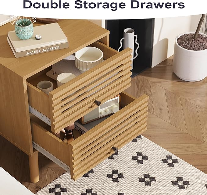 Nightstand, Side Table, End Table, Mid Century Modern Nightstand with Hollowed Drawers, Bedside Tables, Small Nightstands with Storage for Bedroom, Oak