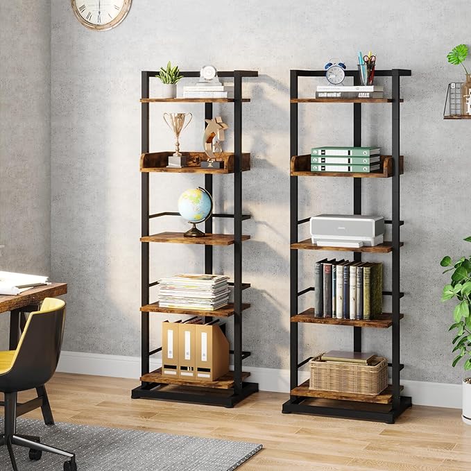 Hosfais Book Shelf Narrow Bookshelf: 5 Tier Wood Bookcase with Metal Edge Protection Industrial Modern Bookshelf Book Storage Organizer for Living Room Bedroom Home Office (Rustic Brown)