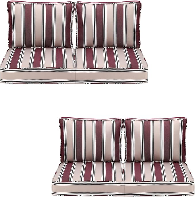 Outdoor Deep Seating Cushion Set, 24" x 24", Waterproof & Fade Resistant Patio Furniture Cushions with Handle, Deep Seat and Back Cushion for Chair and Sofa (4, Red Stripe)