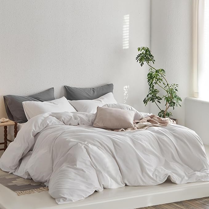 MooMee Twin Duvet Cover Set, 100% Washed Cotton Linen Like Twill Thick Sturdy Material Super Soft Breathable Durable Bedding for All Season, 2 Pieces (Bright White, Twin 68"x90")