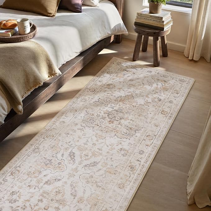 PADOOR-Vintage Runner Rug 2X10 Runners for Hallways-Soft Beige Washable Bedside Rugs for Bedroom-Non Slip Long Rug for Hallways Entryway Laundry Room Stair Kitchen Bathroom