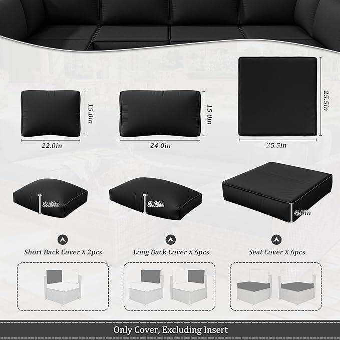 14 Pcs Outdoor Cushion Slipcovers Patio Cushion Covers Replacement Waterproof with Zipper for Outdoor Furniture, Patio Sofa Couch 3 Sizes, Covers Only