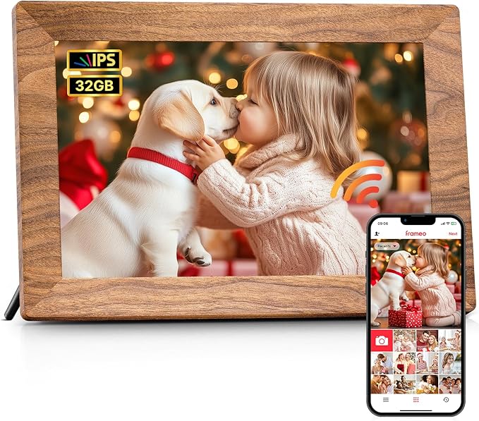 Frameo 10.1" Digital Picture Frame, Smart WiFi Digital Photo Frame with 1280x800 HD IPS Touch Screen 32GB Memory Auto-Rotate Wall Mounted, Share Photos/Videos from Phone Anywhere(Brown Wood)