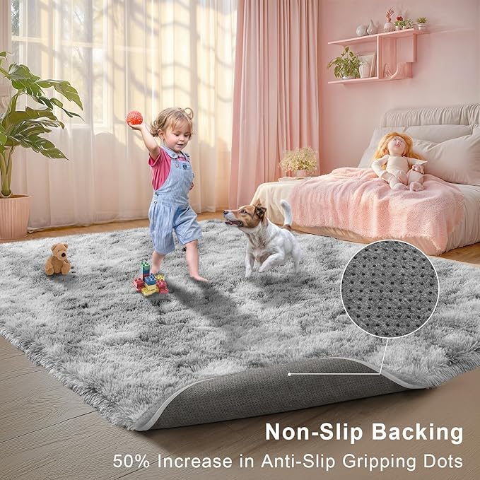 Area Rugs for Bedroom Living Room, 4x6 Soft Large Fluffy Fuzzy Shag Plush Furry Carpet, Soft Indoor Floor Mat for Kids Nursery Home Dorm Office Decor Aesthetic, Tie Dyed Grey