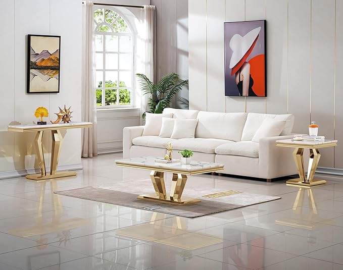 SSLine Rectangular Faux Marble Coffee Table for Living Room Modern Luxury White Marble Center Table with Gold Diamond Base 46.8" Mid-Century Cocktail Table with Mirrored Stainless Steel Frame