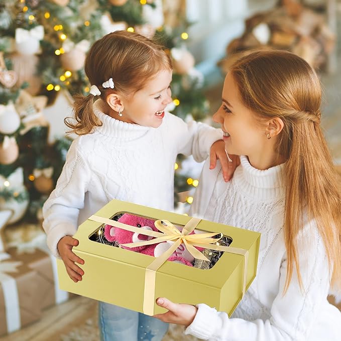 TIACABO Gold Large Gift Box with Window, 13.5"x9"x4.3" Bridesmaid Boxe for Gifts Giving,Birthday Gift Boxes with Magnetic,Closure Lid Gifts Box for Presents,Cute Boxe,Luxury for Gift Packaging