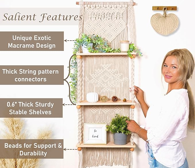 Macrame Wall Hanging Shelf 3 Tier Boho Wall Plant Hanger Shelves, Handmade of Woven Rope Boho Shelves Organizer for Living Room Bathroom Home Storage Floating Plant Rack Bohemian décor