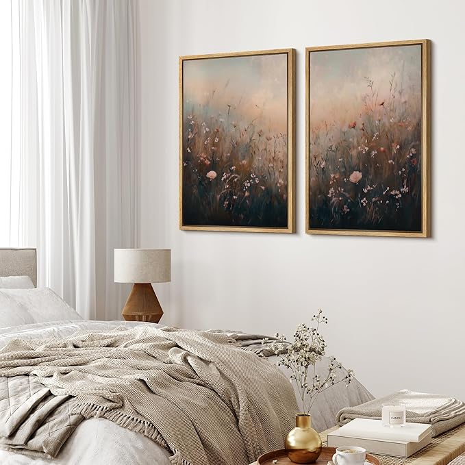 MUDECOR Framed Canvas Print Wall Art Forest and Lake Landscape Vintage Nature Scenery Illustrations Modern Art Decorative Bohemian Chic for Living Room, Bedroom, Office - 16"x24"x2 Natural