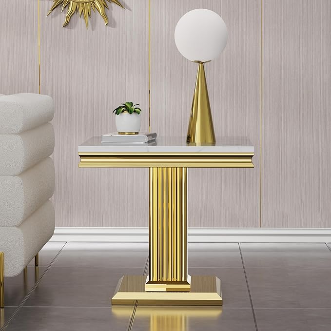 SSLine Modern White Faux Marble End Table Luxury Square Sofa Side Table with Gold Pedestal Base Mid-Century Elegant Bedside Table w/Mirrored Stainless Steel Frame for Living Room Bedroom