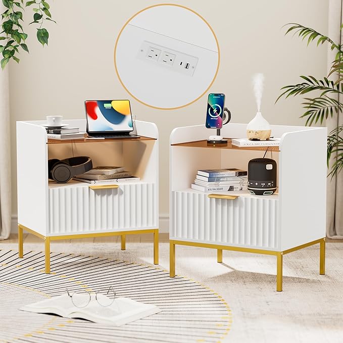 Nightstand Set of 2 with Charging Station, Mid Century Modern Night Stand, Fluted Bedside Table with Glass Top & Metal Legs, Wood End Table for Bedroom, Living Room (White)