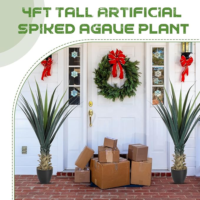 Giegxin 1 Piece 4ft Tall Artificial Spiked Agave Plant Potted Faux Agave Plants 48'' UV Resistant Large Realistic Artificial Greenery Outdoor Indoor for Housewarming Gift House Garden Bathroom
