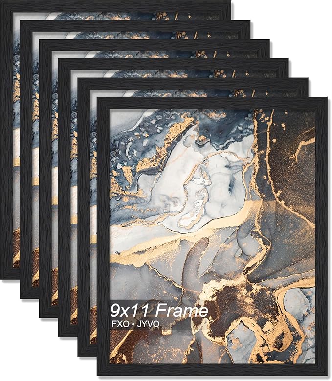 Engineered Wood 9x11 Picture Frame Set of 6, Black Frame for 9 x 11 Inch Picture Poster Photo, Light Weight 9 by 11 Frame with Wood-grain for Wall - 6 Pack/Black/9"x11"