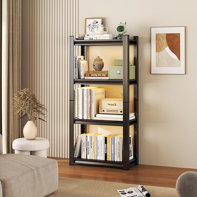Tall Bookshelf with Open Shelves, Metal Office Book Shelf, Adjustable Organizer Bookcase, Standing Storage Organizer Shelf for Living Room (4 Tier 35.4" W*13.8" D*63" H)