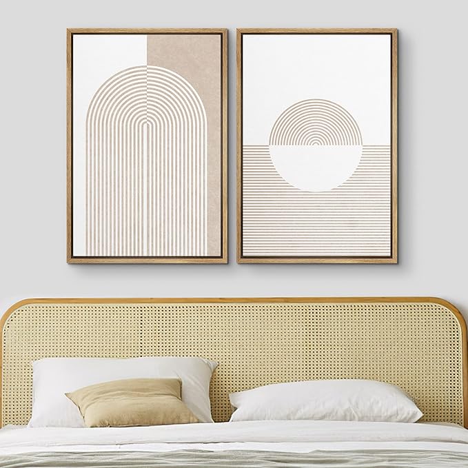 MUDECOR Framed Canvas Print Wall Art Set Pastel Tan Geometric Circle Spirals Abstract Shapes Illustrations Modern Art Decorative Contemporary for Living Room, Bedroom, Office - 24"x36"x2 Natural