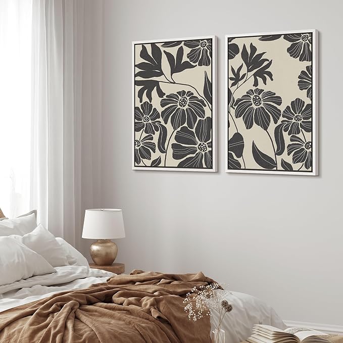 MUDECOR Framed Canvas Print Wall Art Monochrome Floral Botanical Black and White Illustrations Modern Art Decorative Bohemian Colorful Chic for Living Room, Bedroom, Office - 16"x24"x2 White