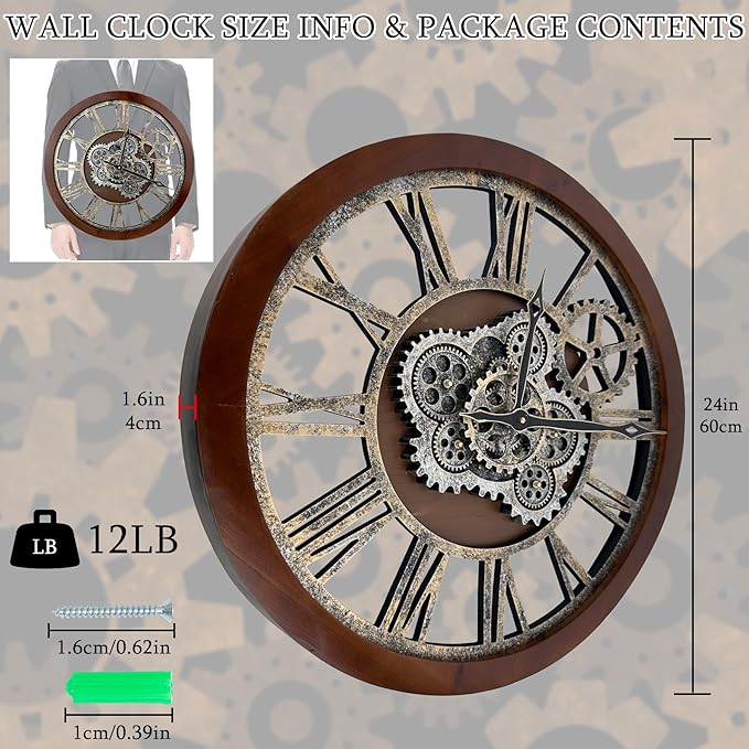 HOIBAI Farmhouse Vintage Industrial Oversized Wall Clock - 24 in (60cm) Moving Gear Wall Clock for Living Room Decor