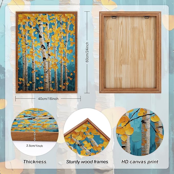 LHIUEM 16"x24"x3-Nature Landscape Prints,Monet Tree Framed Canvas Wall Art,Impressionist Botanical Mottled Shallow Decor,Blue Monet Wall Art Framed Vintage Plants Pictures for Living Room Bedroom