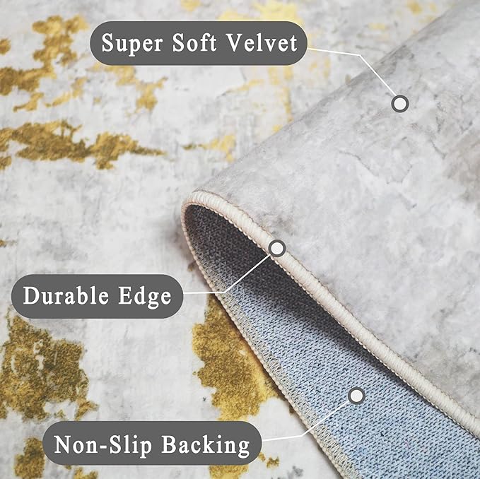 vivorug Round Rug 5ft Abstract Round Area Rug Non-Slip Indoor Carpet for Living Room Bedroom Entryway, Stain Resistant Home Decor Circle Rug, Grey/Mustard