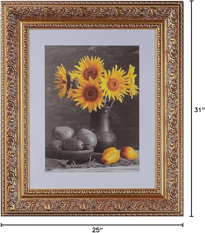 18x24 Picture Frame with Mat for 13x19 Picture. 18x24 Frame Matted to 13x19 Picture. 18 x 24 Poster Frame with Mat. 3-1/2" Wide Frames for 13 x 19 Prints with Mats. Gold Ornate 3348. For Prints, Diplomas. Polystyrene-Quality Wood Frames Alternative.