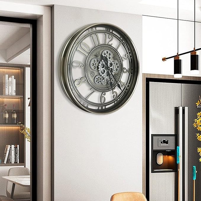 DORBOKER Real Moving Gears Wall Clock Large Modern Metal Clocks for Living Room Decor, Industrial Steampunk Unique Vintage Rustic Decorative Clock for Home Farmhouse Office, 30 Inch,Gunmetal Arabic