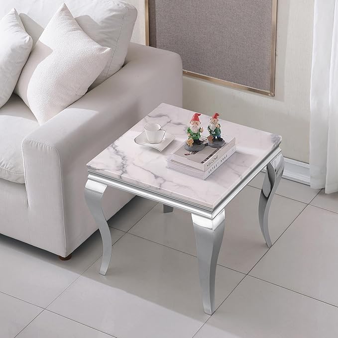 SSLine Modern White Faux Marble End Table Luxury Square Sofa Side Table with Silver Curved Legs Mid-Century Elegant Bedside Table w/Mirrored Stainless Steel Frame for Living Room Bedroom