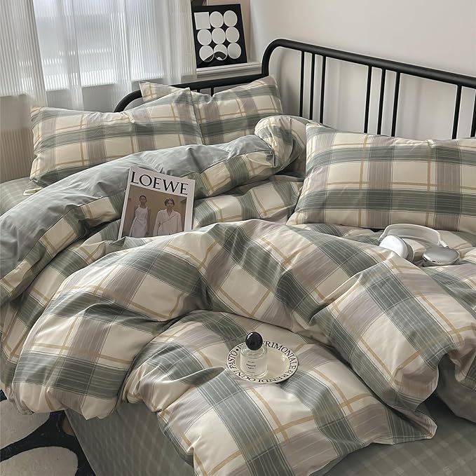 VM VOUGEMARKET Green Plaid Duvet Cover Sets Queen,3 Pieces Gingham Comforter Cover with Zipper Closure & Corner Ties for Men Boys Simple Modern Bedding Set (90"x90")