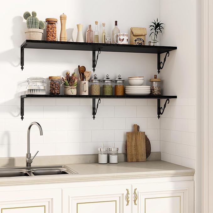 Fun Memories Large Floating Shelves for Wall 48 Inches Long, 12 Inch Deep Shelves with Metal Bracket, 48 Inch Floating Shelves Wall-Mounted, Wide Display & Storage Bookshelves, Black, Set of 2