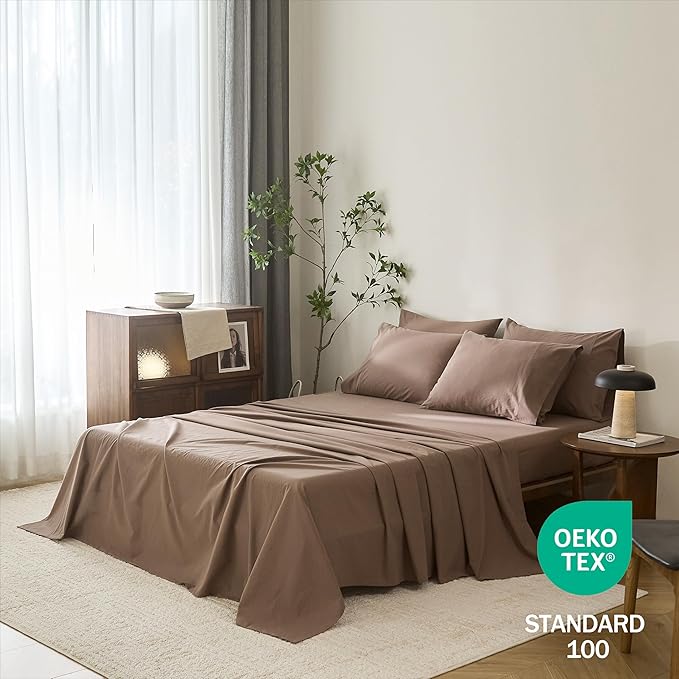 100% Cotton 6-Piece Queen Size 102" x 90" Bedding Set - Fitted Sheet, Flat Sheet & 4 Pillowcases with 17" Deep Pocket,Soft Breathable Bed Sheets for Cozy Sleep,Light Brown