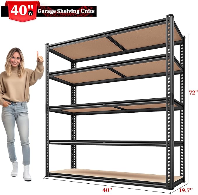 REIBII 40" W Garage Shelving 2500LBS Storage Shelves 72" H Metal Shelving 5 Tier Metal Shelves Adjustable Pantry Shelf for Garage Closet Kitchen Basement 40" W x 19.7''D x 72''H