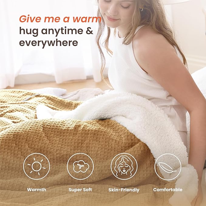 Heated Blanket Electric Blanket Full Waffle,72x84 Inches Sherpa Fleece Fast Heating Blanket 6 Heating Levels & 10 Hours Auto Off ETL Certification,Orange Full