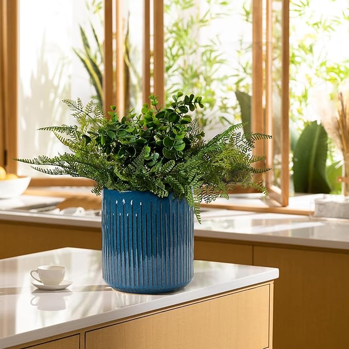 JIEMEI HOME Kitchen Utensil Holder, 7.2" Large Ceramic Stable Utensil Crock for Countertop, Utensil Holder with Cork Mat, Removable Bamboo Divider for Easy, Kitchen Decor, Blue