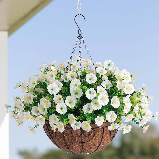 Artificial Fake Hanging Flowers Plants Baskets for Outdoor Decoration, Faux Silk Morning Glory in Planter UV Resistant Realistic for Home Outside Porch Patio Balcony Garden Yard, White