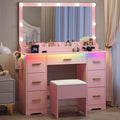 Makeup Vanity with Large Lighted Mirror and Chair, 7 Drawers Vanity Makeup Desk Table with Power Strip, Adjustable Lighting, and Cushioned Storage Stool for Women, Girls
