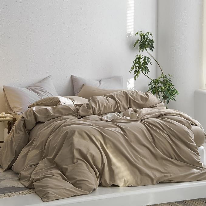 MooMee Queen Duvet Cover Set, 100% Washed Cotton Linen Like Twill Thick Sturdy Material Super Soft Breathable Durable Bedding for All Season, 3 Pieces (Mocha Brown, Queen 90"x90")