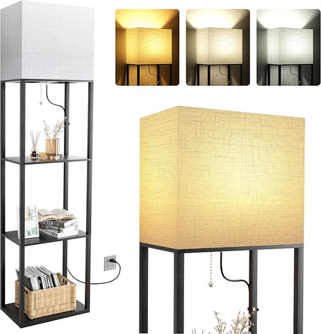 Dott Arts Floor Lamp with Shelves, Wide Floor Lamps for Living Room Display Shelf Lamps with 3 Color LED Bulb,Storage Wood Modern Floor Lamp for Bedroom Standing Lamp for Living Room Office（Black）