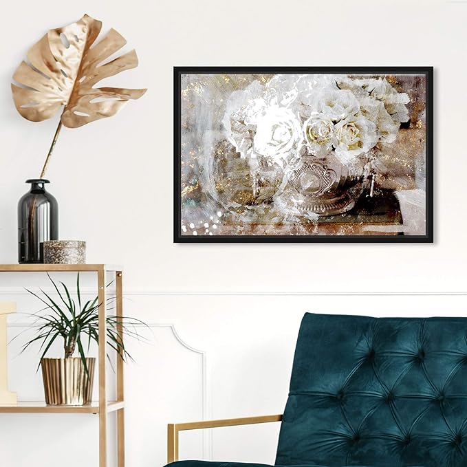 The Oliver Gal Artist Co. Floral and Botanical Framed Wall Art Canvas Prints 'Serving Roses' Florals, White/Gold, 15" x 10"