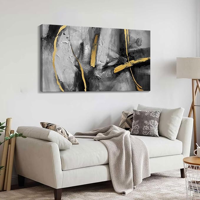 Abstract Large Canvas Wall Art for Living Room,Golden Line Rhythm Canvas Prints Hand-Painted Bedroom Wall Decor Black Gray Artwork for Home Cafe Kitchen Restaurant Decor 20x40 In