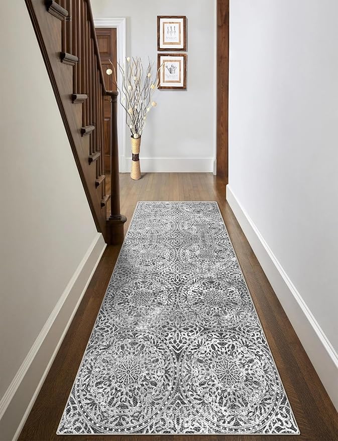 vivorug Runner Rug 2'x8' Machine Washable Non-Slip Runners for Hallways Kitchen Entryway Laundry Room Vintage Medallion Carpet Hallway Runner Grey