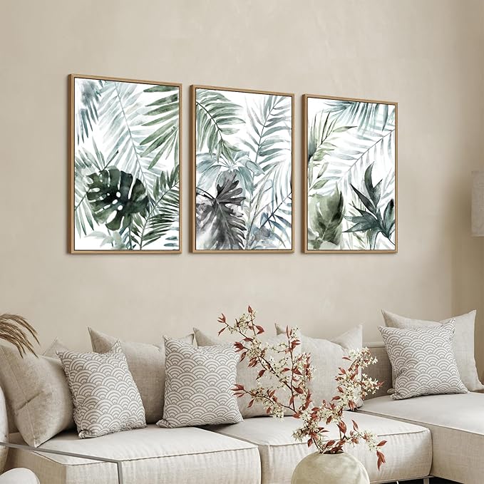 Large Framed Canvas Wall Art - Natural Float Framed Tropic Leaf Pictures Wall Art Prints for Living Room Decor Green Plants Artwork for Bedroom Kitchen Home Office Decoration 48" X 24" Set of 3