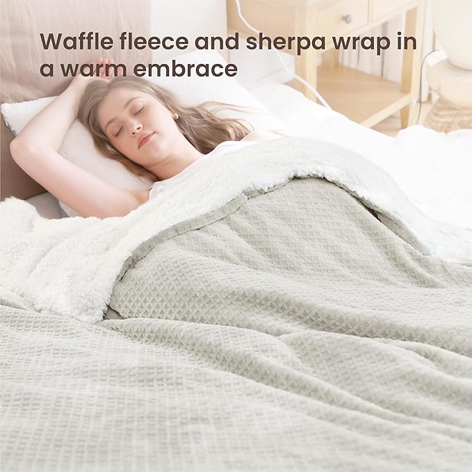 Heated Blanket Electric Blanket Full Waffle,72x84 Inches Sherpa Fleece Fast Heating Blanket 6 Heating Levels & 10 Hours Auto Off ETL Certification,Beige Full