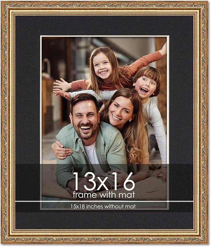 13x16 Frame with Mat - Antique Gold 15x18 Frame Wood Made to Display Print or Poster Measuring 13 x 16 Inches with Black Photo Mat