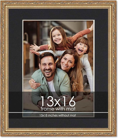 13x16 Frame with Mat - Antique Gold 15x18 Frame Wood Made to Display Print or Poster Measuring 13 x 16 Inches with Black Photo Mat