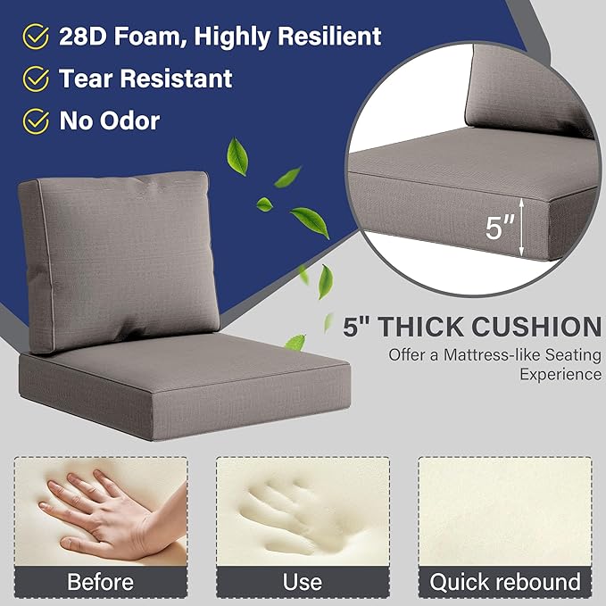UIXE Outdoor Deep Seat Cushion Set with Slipcovers, Patio Furniture Cushions & Back Pads, Sectional Sofa Bistro Chair Cushion - Coffee, Set of 2